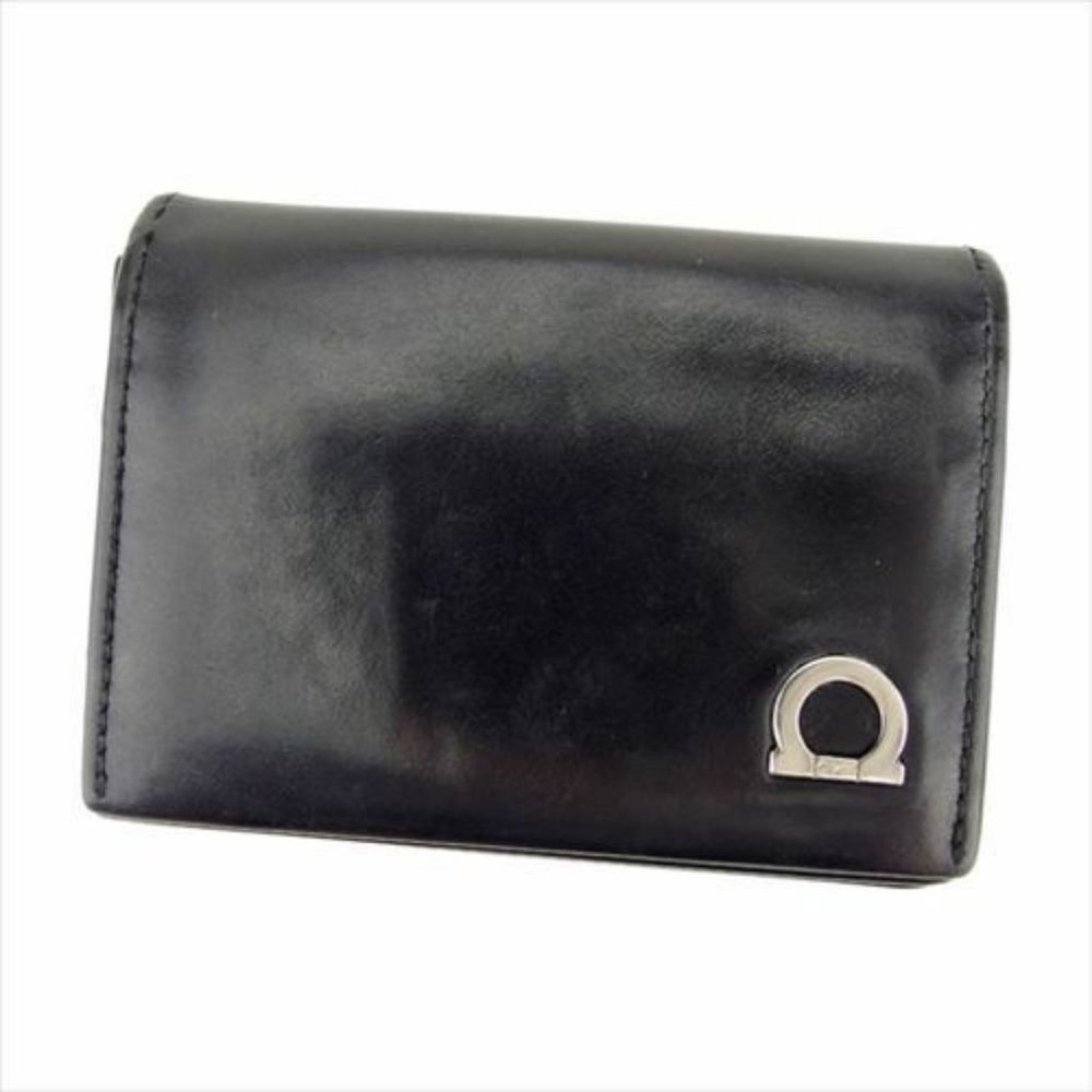 AUTH Salvatore Ferragamo Card Case Ganchini Black Silver leather Mens
